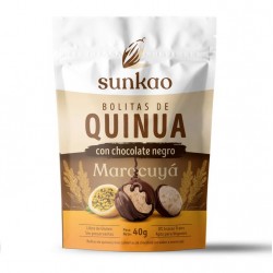 Bolitas de quinua sabor maracuya cubiertas de chocolate dark 40 gramos Marca Sunkao